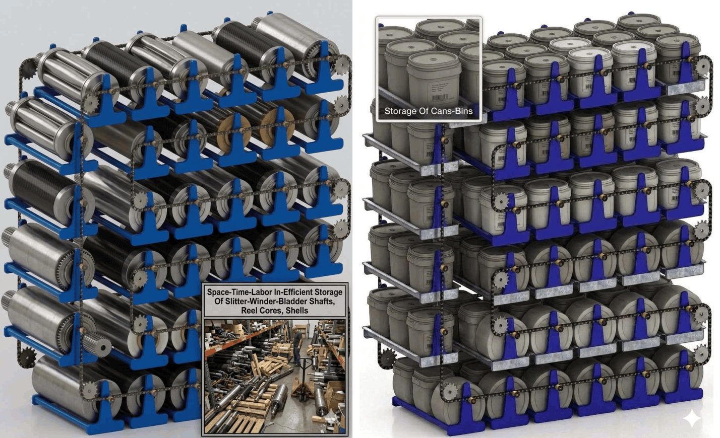 Vertical Carousels For Space-Time-Labor-Damage Efficient Vertical Storage Of  Slitter-Winder Bladder Shafts Cans-Bins In Paper Mills